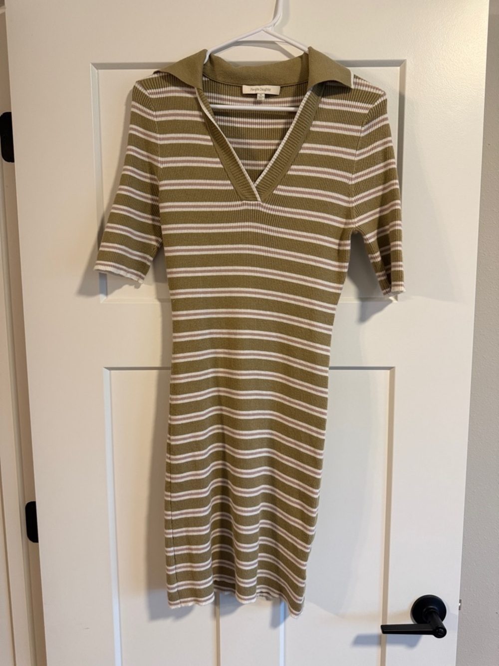Favorite Daughter Striped Olive & White Ribbed Knit Polo Dress